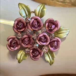 Enamel Pink Roses & Leaves Lapel Pin